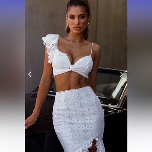 Selfie Leslie Talk About Me White Lace Ruffle Skirt Set